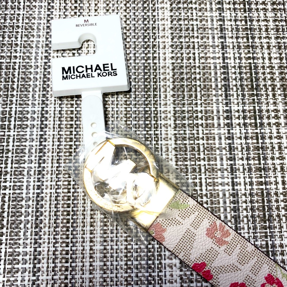 BRAND NEW MICHAEL Michael Kors Reversible Floral White Belt Gold Buckle Size M❤️ - Picture 3 of 7
